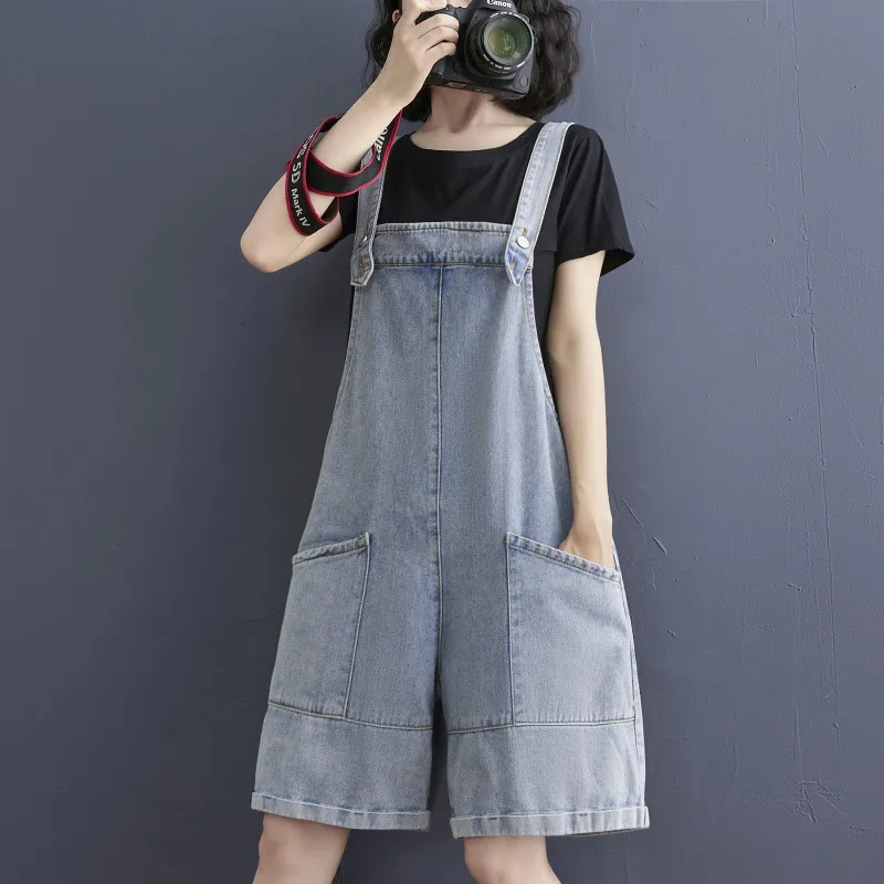 New Literary Large Size Plus Size Sister Jean Strap Shorts - Blue