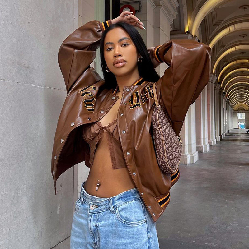 Women's Fashion Letter Embroidered Dark Button Cardigan Long Sleeve Loose Jacket