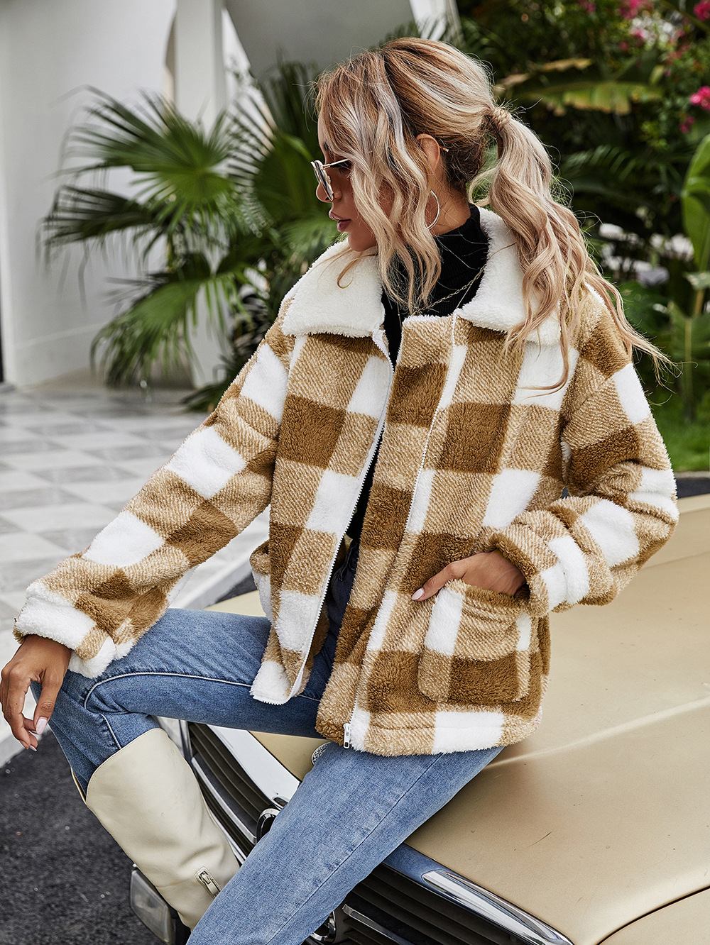Plush Plaid Coat Loose Temperament Commuter Women Brown - Shop at LoveMi