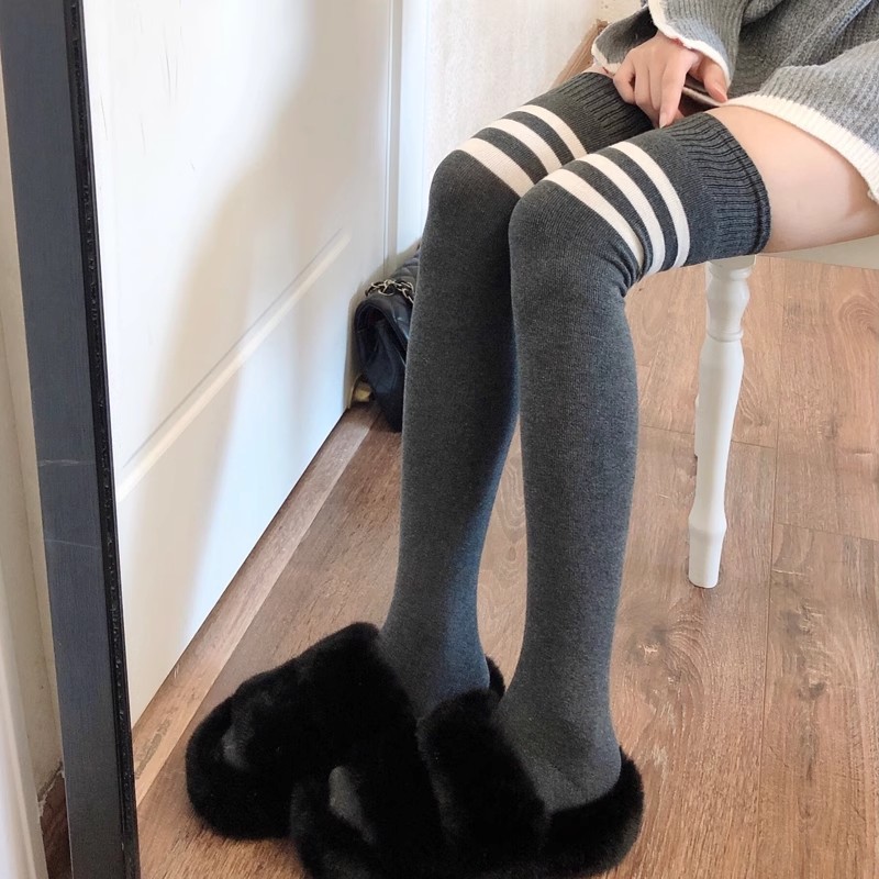 Slimming Thin Thigh-High Socks for Spring & Autumn, Grey JK Striped