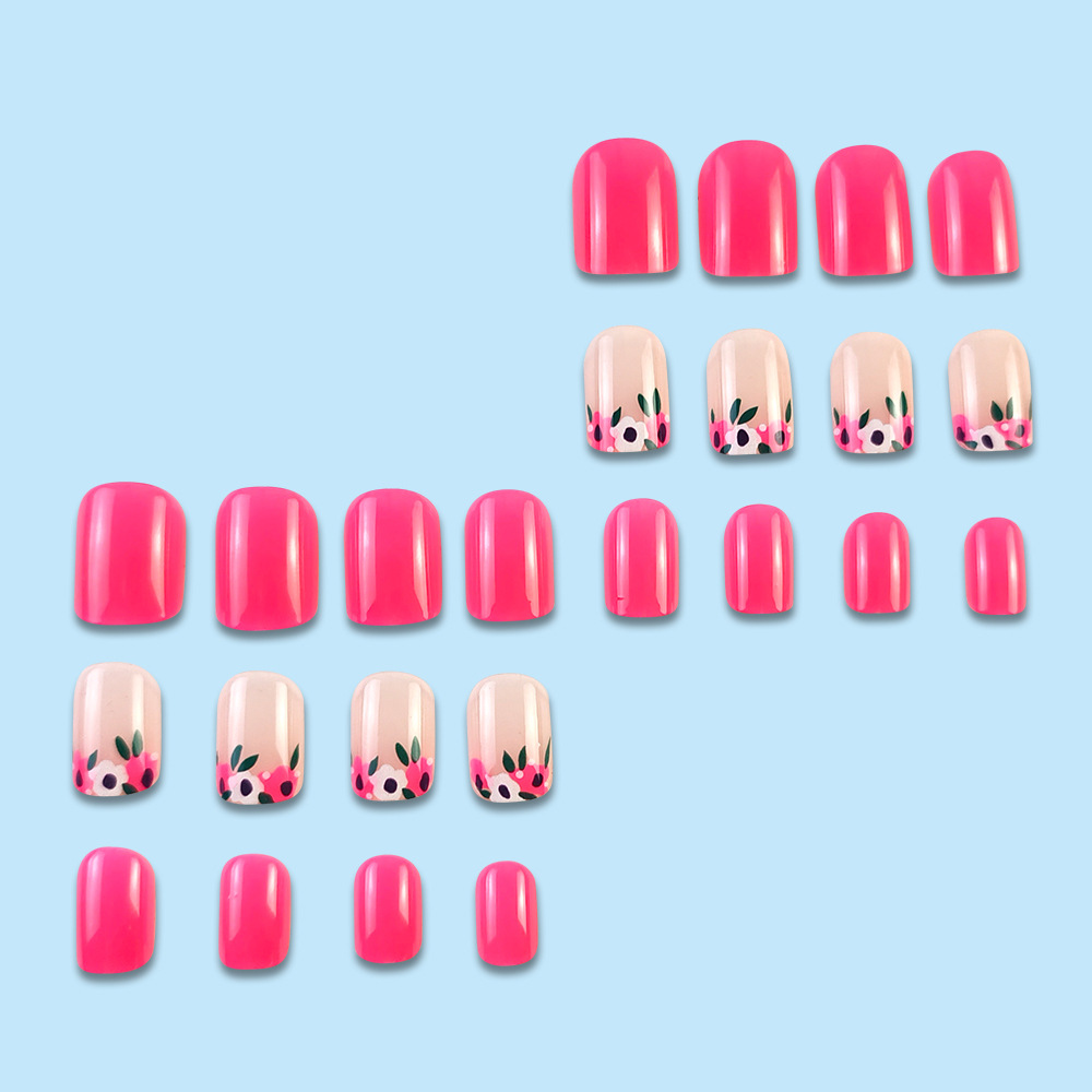24 Pieces Of Short Square Floral French-style Pressed Nail Pink Acrylic Nail Stickers With Gradient Wearability, Including 1 Piece Of Jelly Glue And 1 Nail File. Nail Accessories. — foto 3