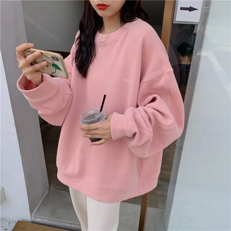 Simple And Versatile Loose Letters Plus Velvet Sweater - Pink