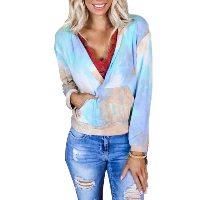 Tie Dye Print V Neck Long Sleeve Pocket Hoodie - Shop at LoveMi