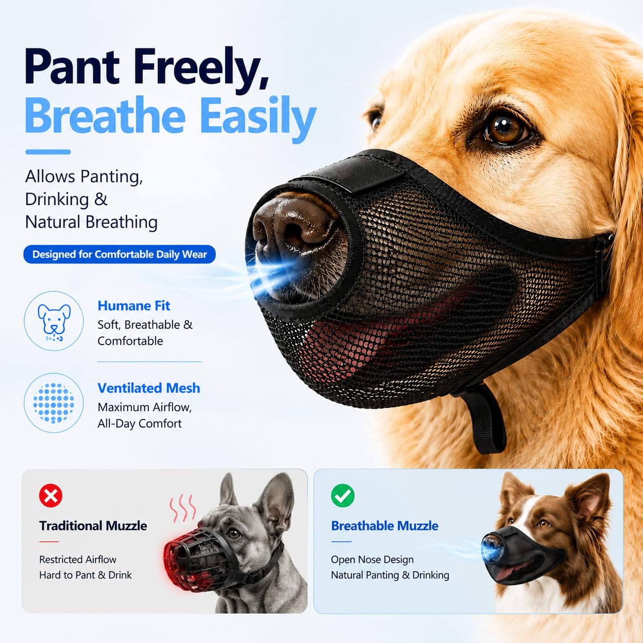 Dog Muzzle, Soft Air Mesh Muzzles For Large Sized Dogs, Breathable Dog Mussels For Scavenging Biting Licking & Barking, Adjustable Mouth Guard With Front Opening, Allows Panting And Drinking — foto 4