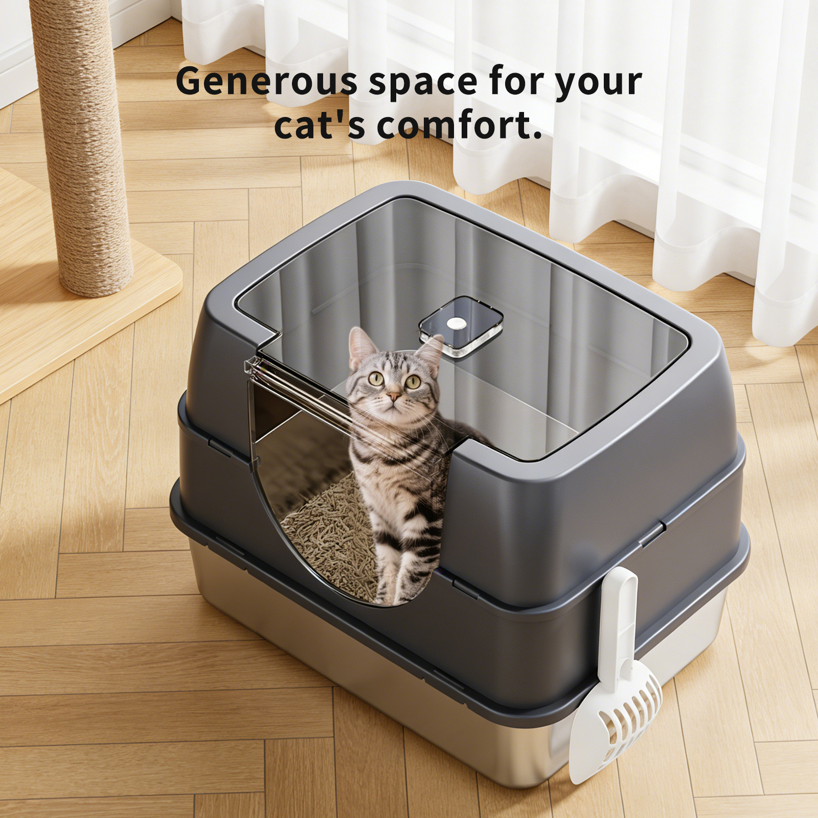 Dark Gray Top Entry Fully Enclosed Cat Litter Box, With Free Scoop & Litter Mat, Anti-Splash & Odor Locking, For Large Cats & Multi-Cat Households