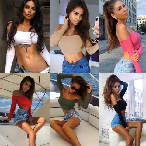 Sexy Navel Long Sleeve Crop Top Off Shoulder Ladies