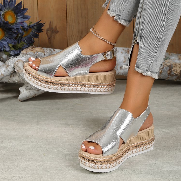 Summer Shiny Sandals Hollow Design Fish Mouth Sandal For Women Fashion Buckle Wedges Shoes