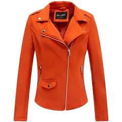 Giolshon Autumn Flowers Embroidery PU Leather Jacket Women - Orange - View 1