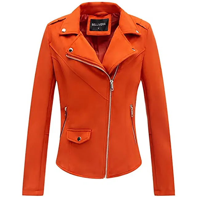 Giolshon Autumn Flowers Embroidery PU Leather Jacket Women Orange - Shop at LoveMi