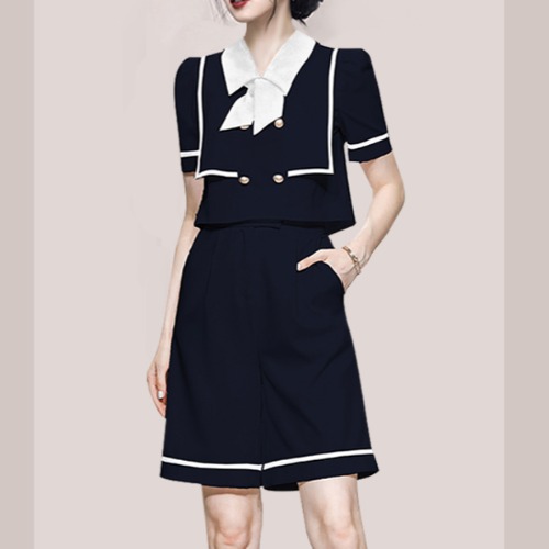 Summer Navy Collar Double-breasted Contrasting Top  High Waist Straight Shorts Set