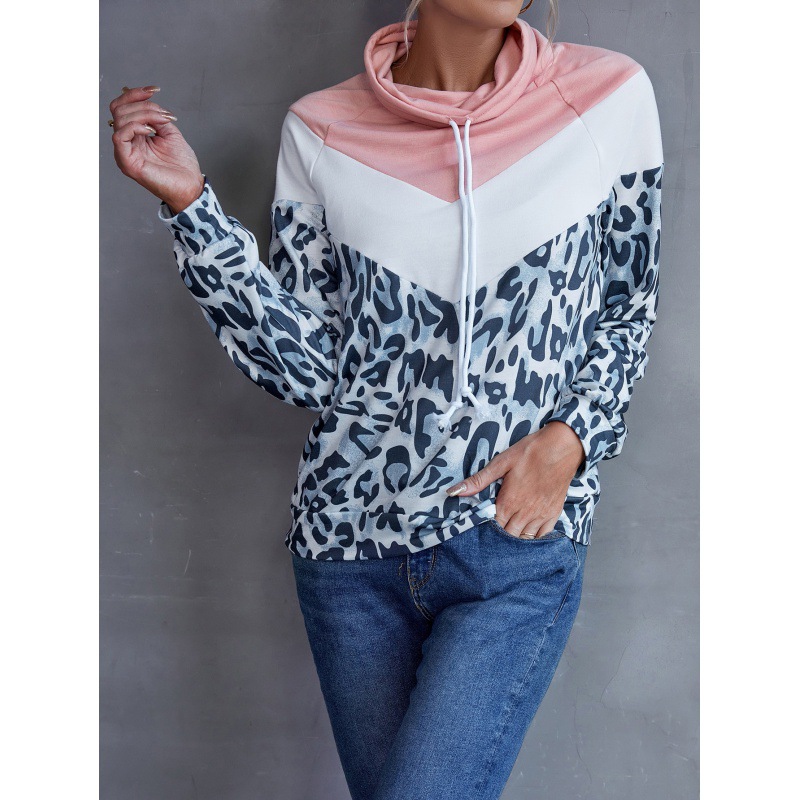 Leopard Print Contrast Stitching Pullover Hoodie