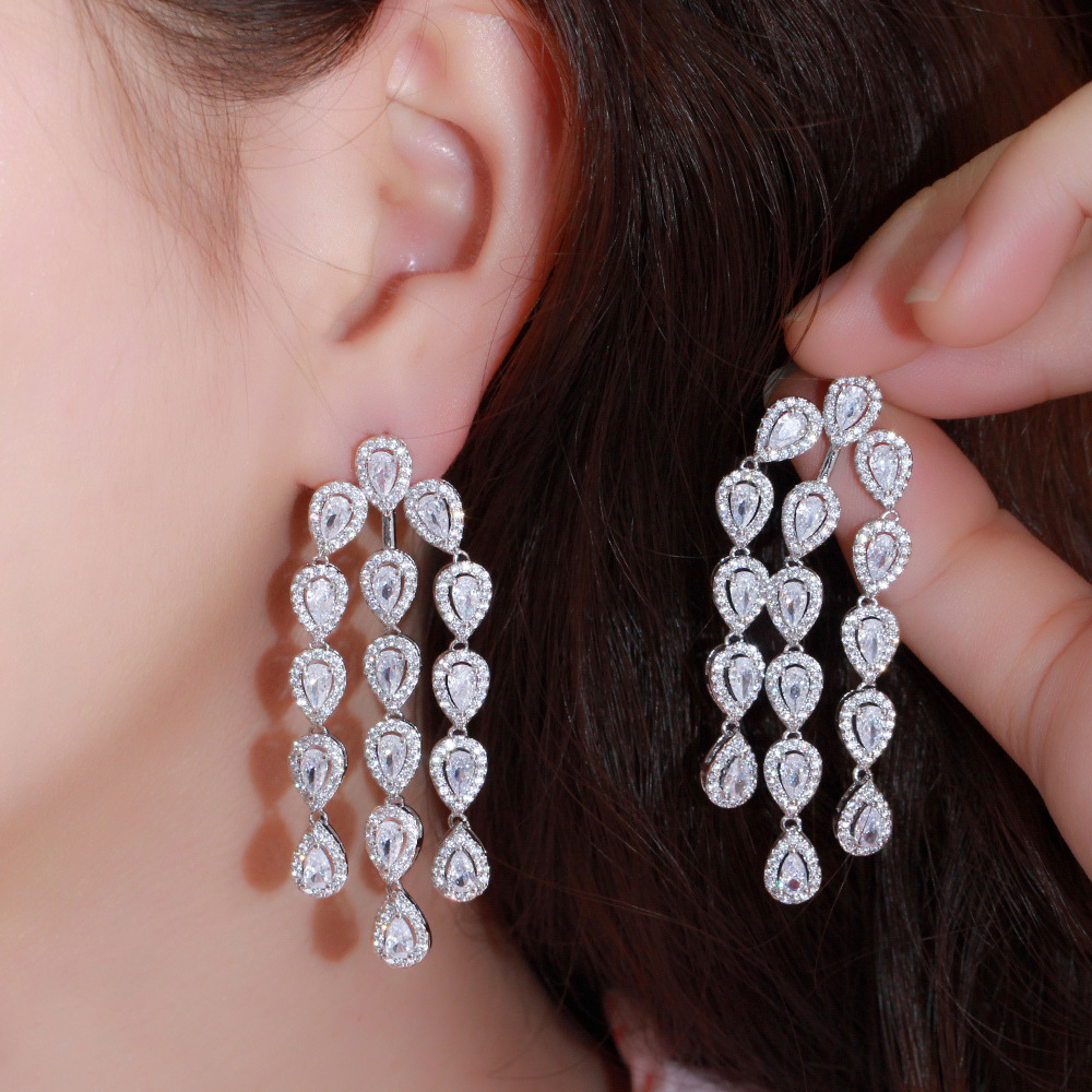 Title 1, Water Drop Long Needle Zircon Bridal Tassel Ear...