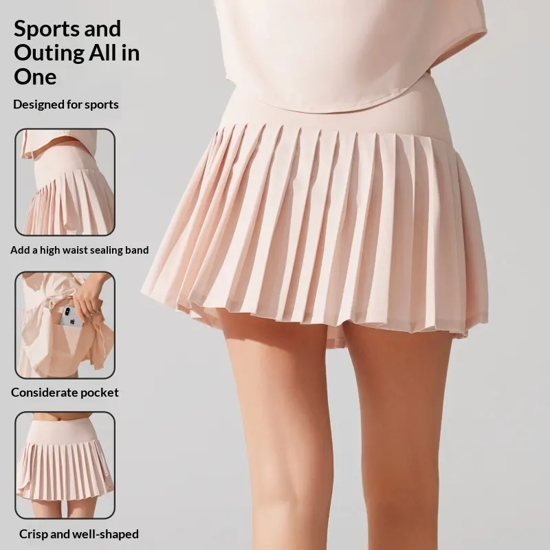New Pleated Sports Skirt High Waist Lined Pocket Anti-running