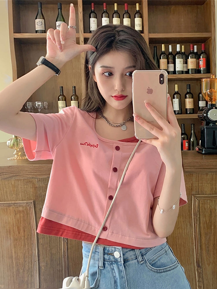 Title 5, Fake Two-piece Square Neck Short-sleeved Sweet ...