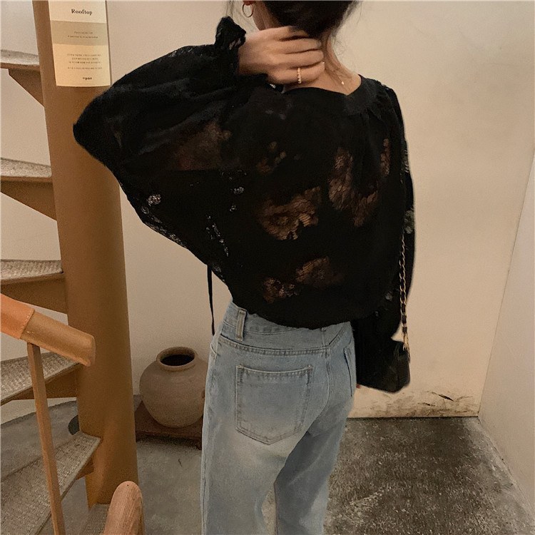 Women's Thin Oversize Long Sleeve Hollow Lace Bottoming Shirt
