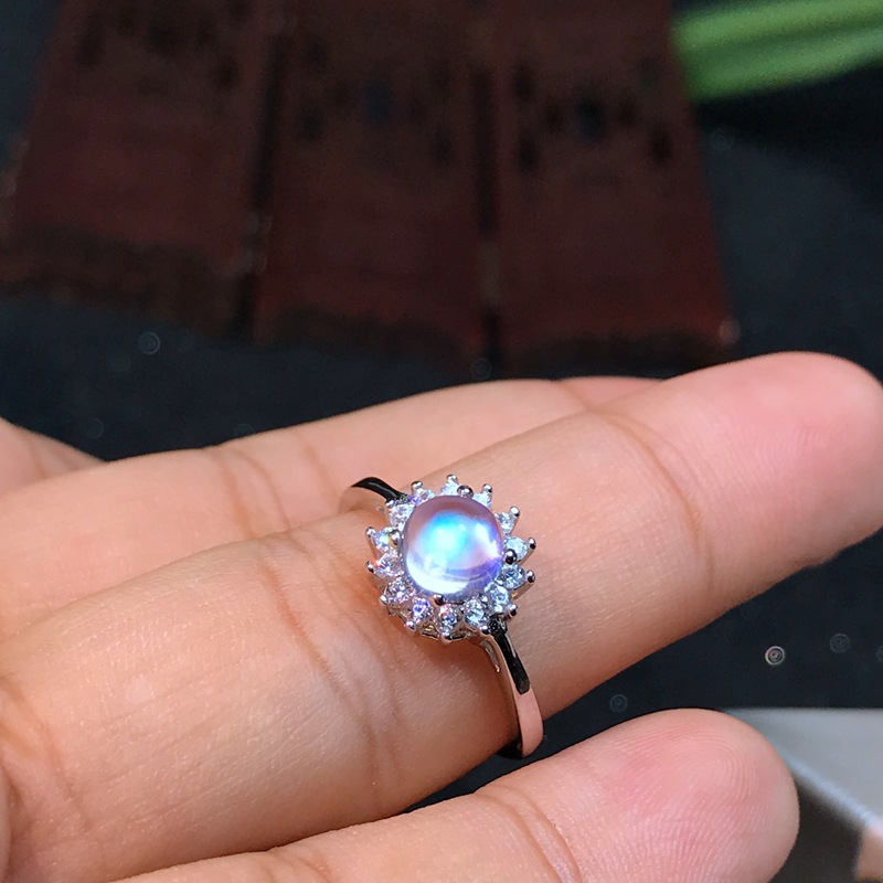 925 Silver Inlaid Natural Blue Moonstone Fairy Ring