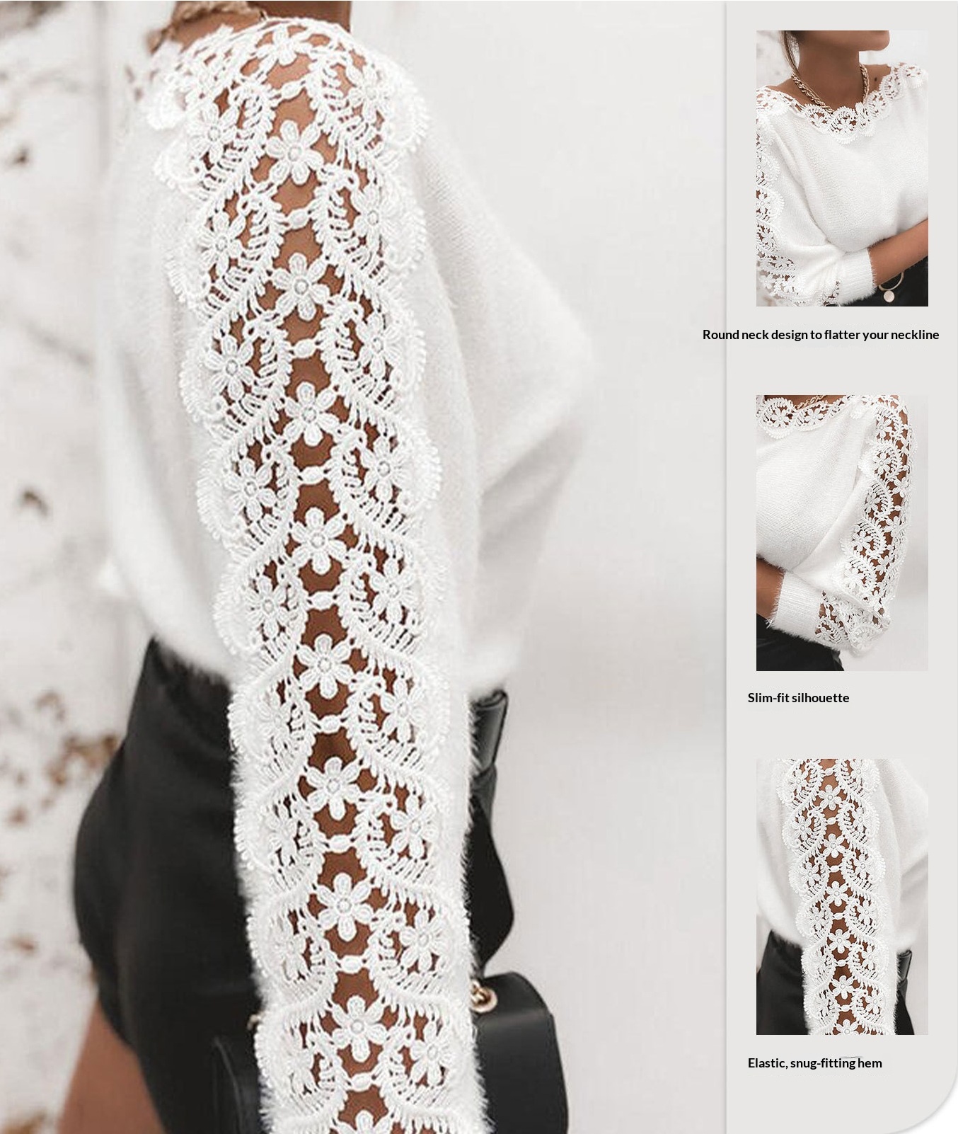Amazon Knitted Sweater With A Stylish Off-The-Shoulder Neckline, Lace Patchwork Sleeves, Cross-Border Foreign Trade Women's Clothing, Solid Color Top With Hollow-Out Design