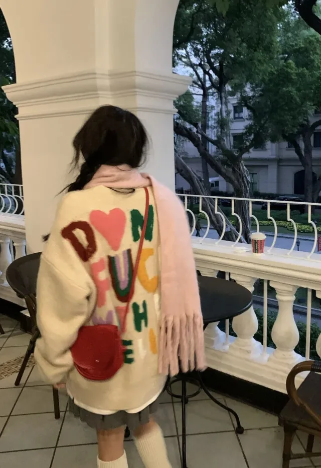 Colorful Alphabet Jacquard Loose Thickened Winter Sweater Women's Pullover Top White - Shop at LoveMi