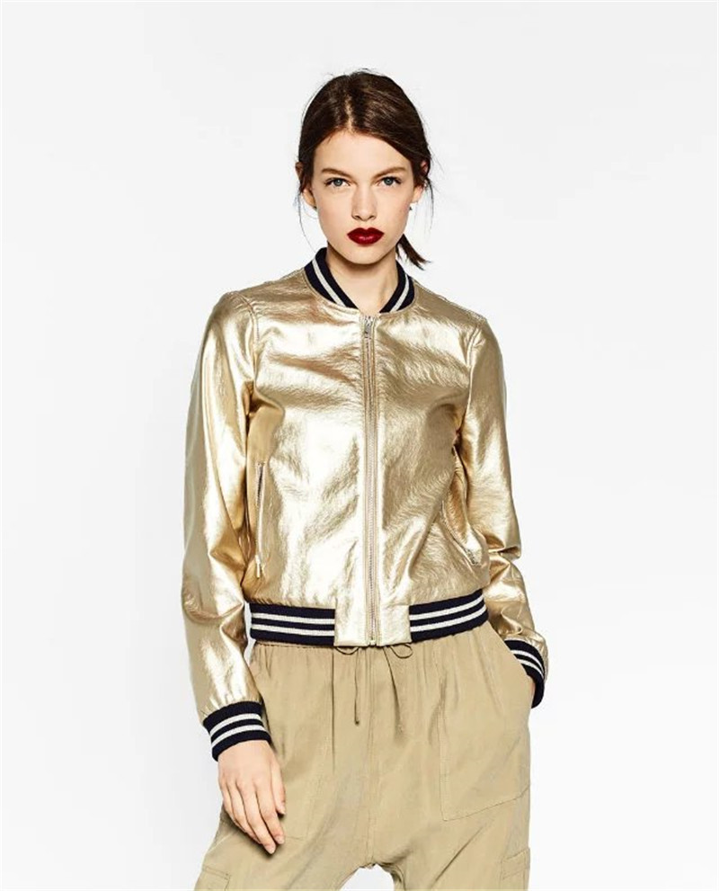 Fashion Metallic Round Neck Zipper PU Leather Flight Jacket