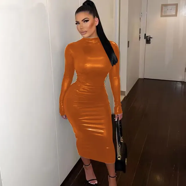 Leather Dark Solid Color Slim Dress Orange - Shop at LoveMi