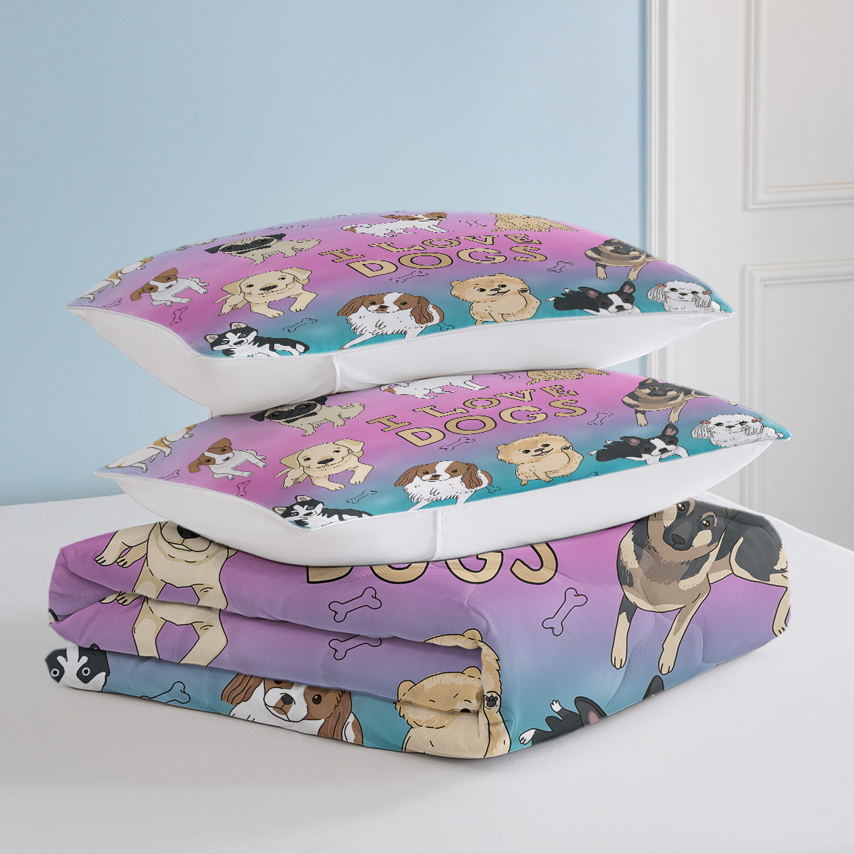 Dog Bone Print Comforter Set Puppy Bedding Set For Kids Girls Boys Watercolor Bed Set Dog Lover Gifts Blue Purple, 4 Piece