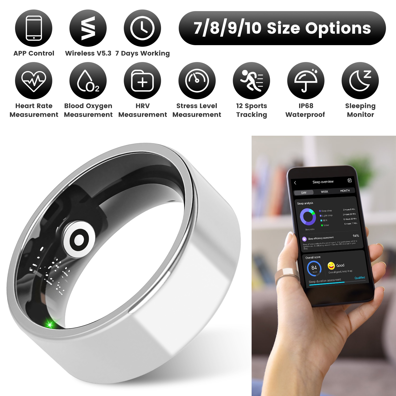 Smart Ring Health Tracker Fitness Sleep Stress HRV Tracker With Charging Case Magnetic Charging Cable For Women & Men Compatible With IOS & Android 7-Day Battery Life Size7 Size8 Size9 Size10