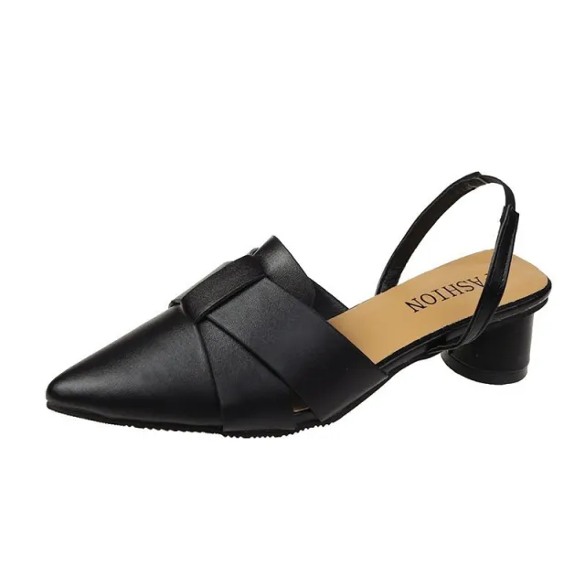 One Word Strap Sandals Mid heel Toe Cap Half Slippers Black - Shop at LoveMi