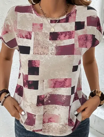 Women's Chic Geometric Aztec Print T Shirt Casual Crew Neck, Durable Non Stretch Fabric, Ideal For Summer Wear Pink Color - Shop at LoveMi