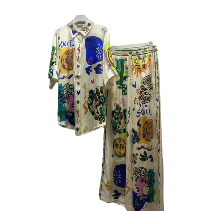 Women's Casual Graffiti Printed Satin Shirt Set