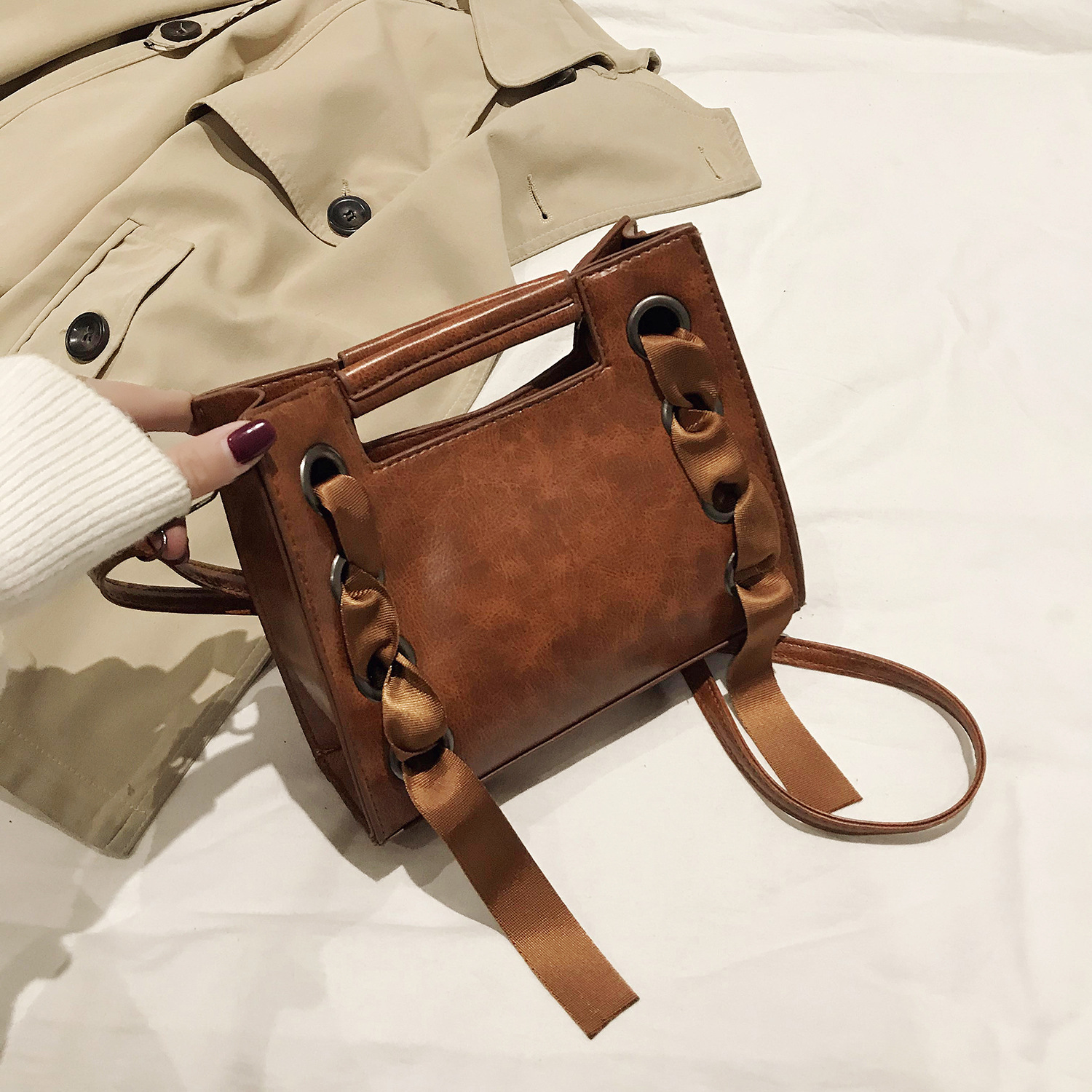 Title 17, Small square oilskin bag with silk scarf. Daily...