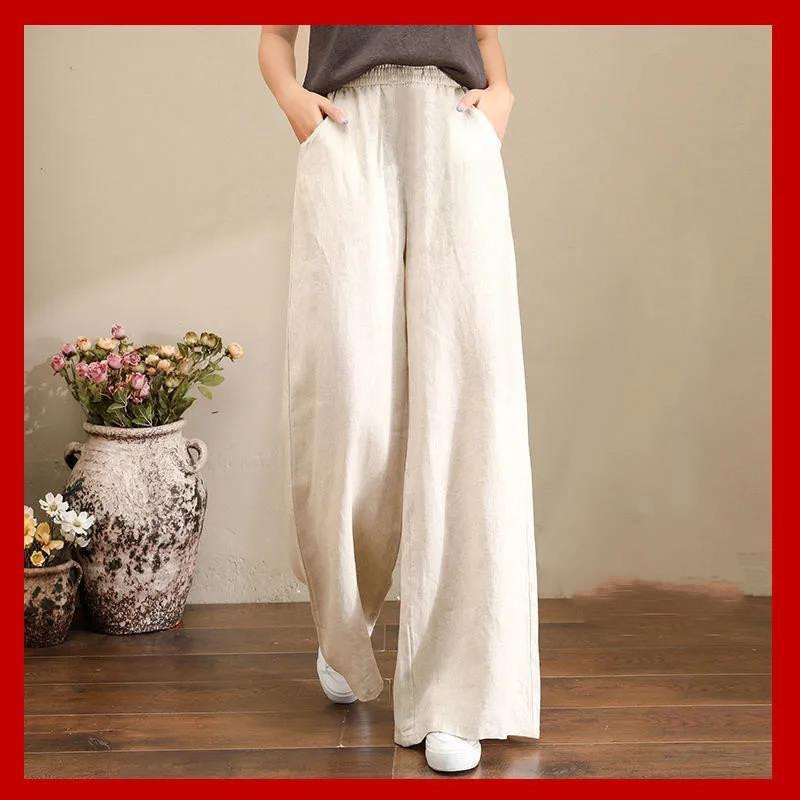 Title 7, Pure Linen Plus Size Wide Leg Pants Women Draws...