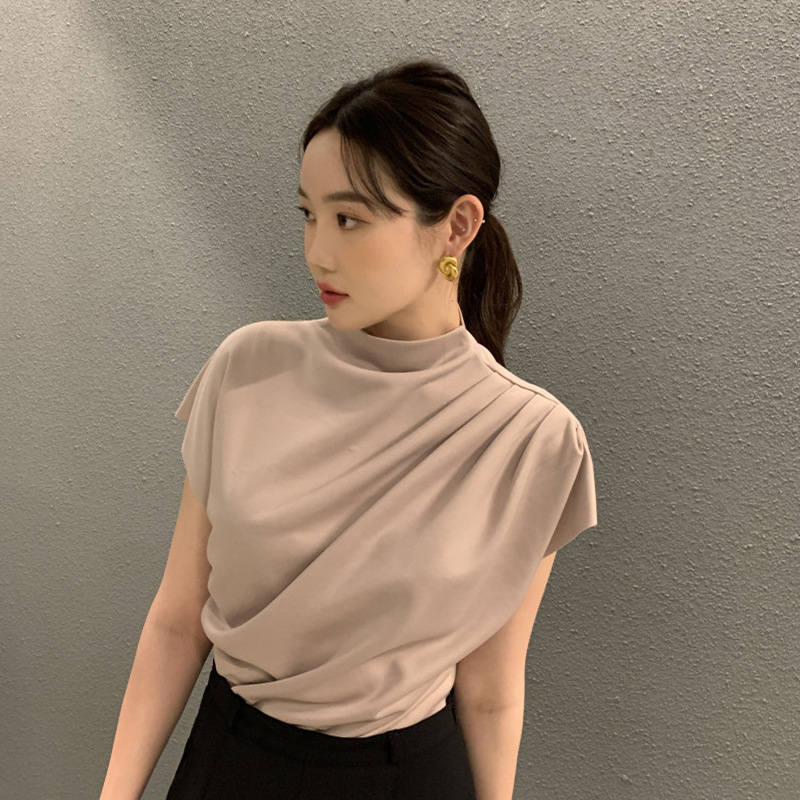 Women's Stand Collar Oblique Pleated Shirt Top