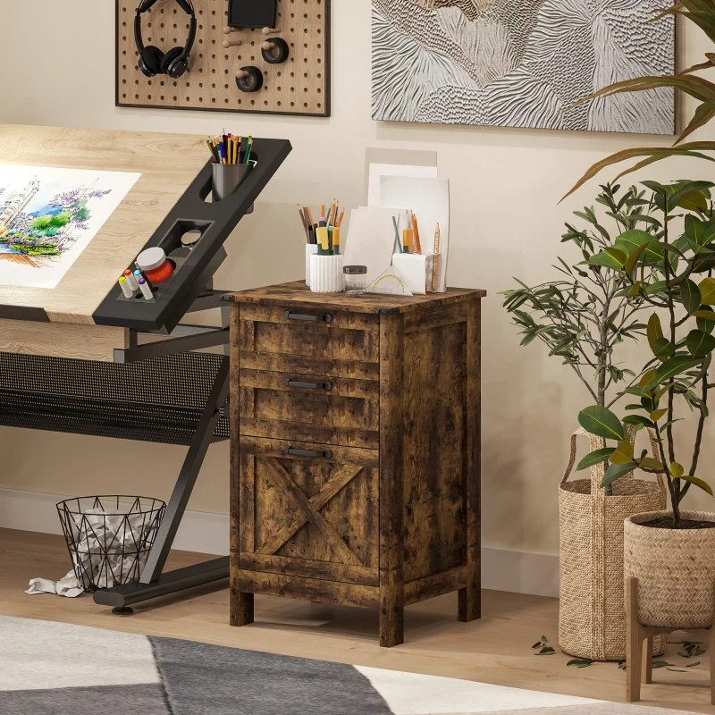 Vertical File Cabinet With 3 Drawers, Rustic Farmhouse Office Storage Cabinet For A4, Letter Size, Rustic Brown
