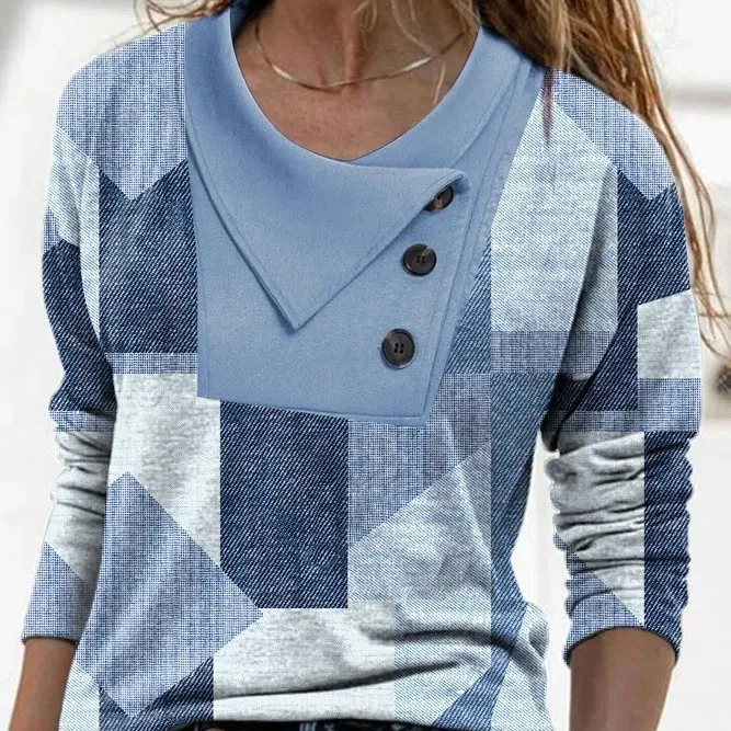 Crossover Collar Button Print Long-sleeved T-shirt Clothing - Geometric-5Xl