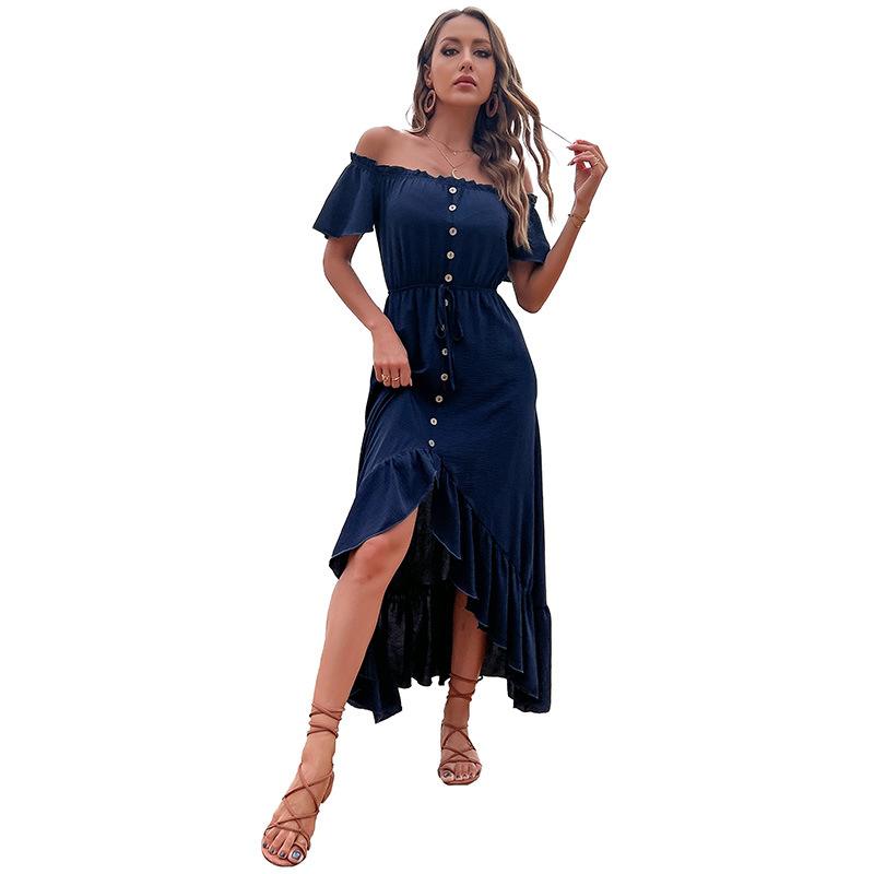 Irregular ruffled female dress with one-line collar tether