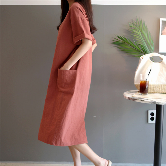 Women's Loose V-Neck Slim Short-Sleeved Dress Linen Large Skirt