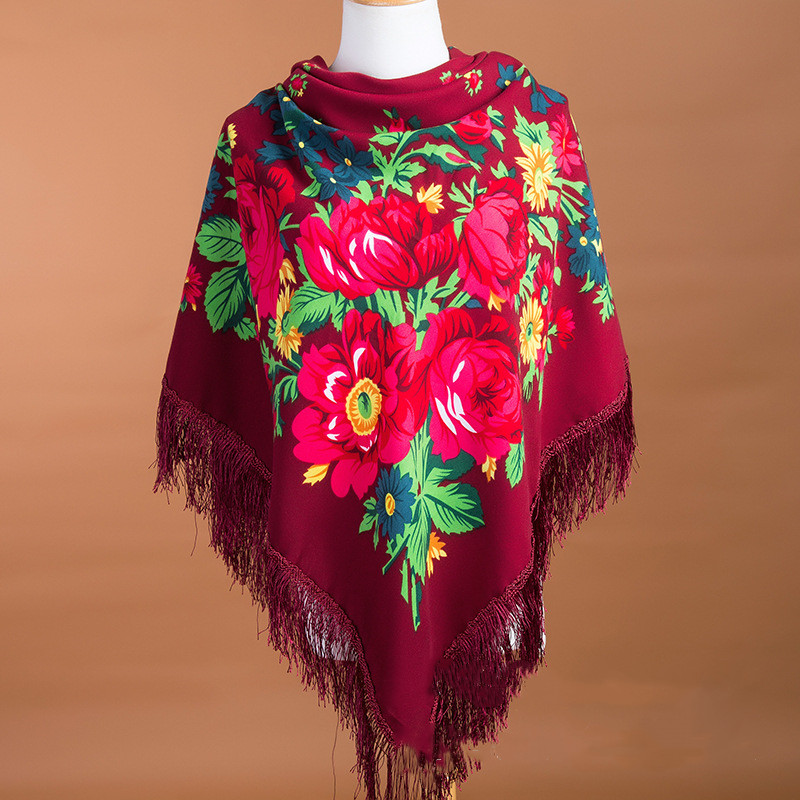 Large Square Scarf Shawl With Ethnic Print Tassels To Keep Warm