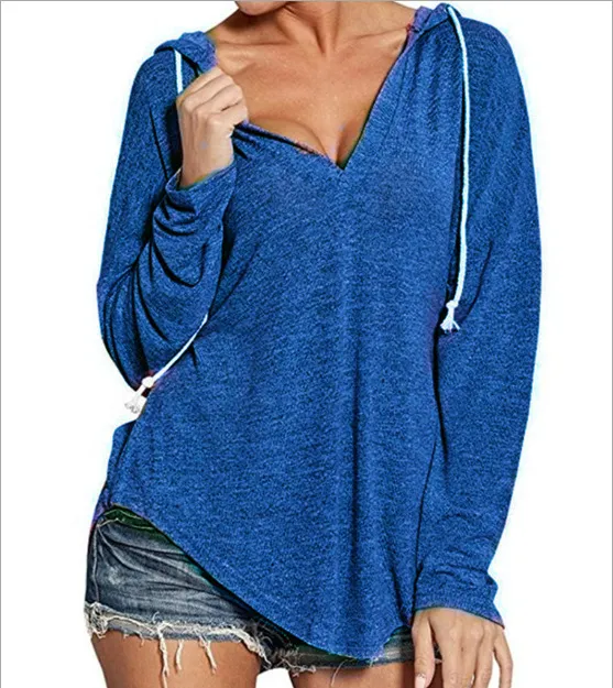 Autumn and Winter V-Neck Hooded Long Sleeve Sweatshirt - Blue
