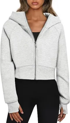 Casual Zippered Hooded Sweatshirt Fleece Sport Cardigan Fashion Hoodies Short Tops Womens Clothing - Grey - View 1