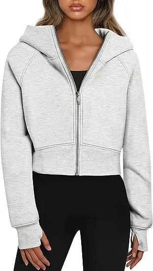 Casual Zippered Hooded Sweatshirt Fleece Sport Cardigan Fashion Hoodies Short Tops Womens Clothing Light Grey - Shop at LoveMi
