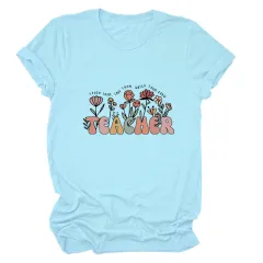 Casual TEACHER Floral Women's Loose Round Neck Short Sleeve - Light Blue - View 1