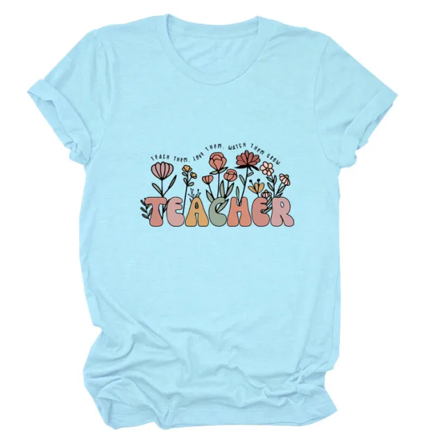 Casual TEACHER Floral Women's Loose Round Neck Short Sleeve Light Blue - Shop at LoveMi
