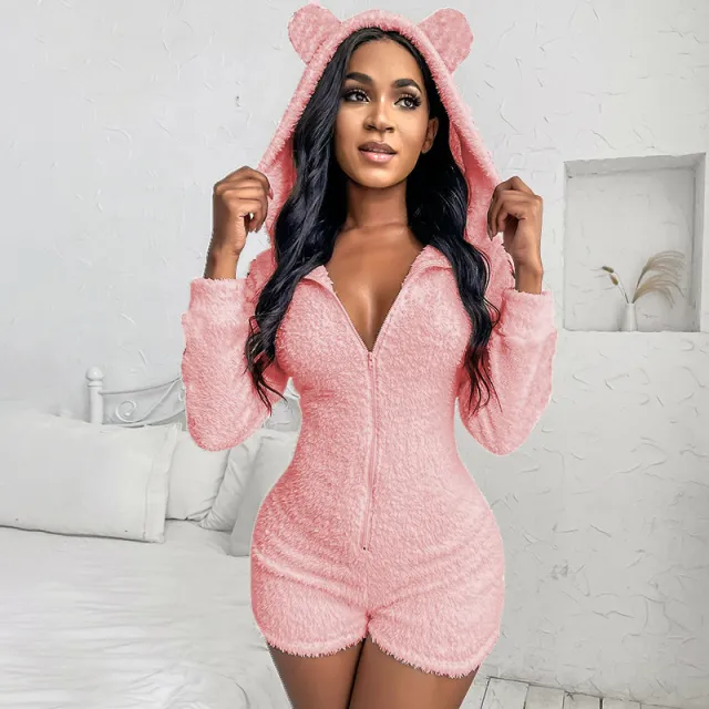 Se Xy Hooded Casual Zipper Shorts Jumpsuit Pink - Shop at LoveMi