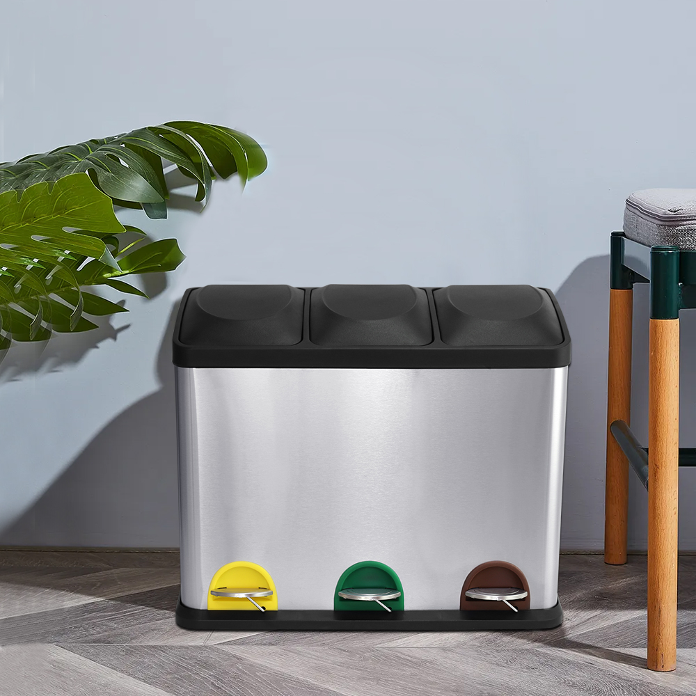 Rubbish Bin, Recycling For Kitchen,Stainless Triple Compartment Food Waste — image 4