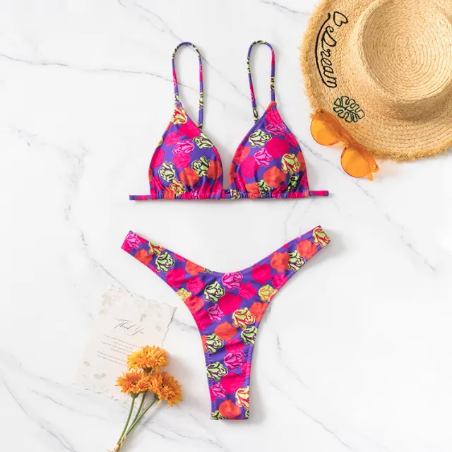 Bikini Piece Set European And American Ins Backless Printed Swimsuit Red - Shop at LoveMi