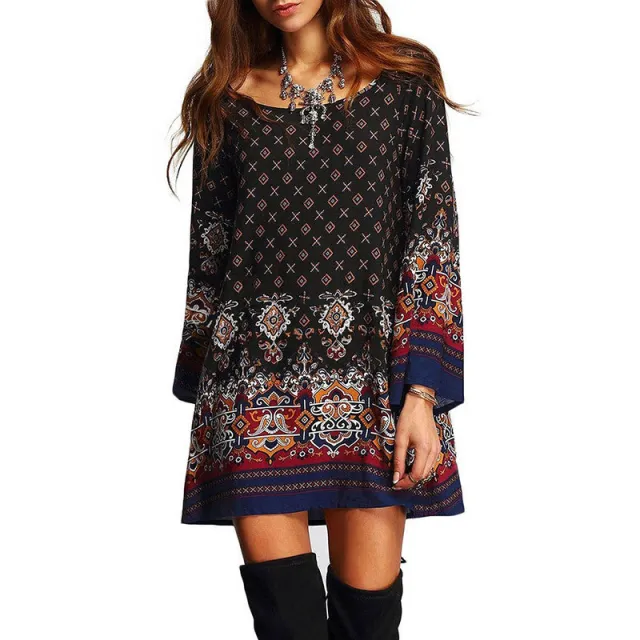 Printed Plus Size Loose Sleeve Positioned Flower Dress Black - Shop at LoveMi