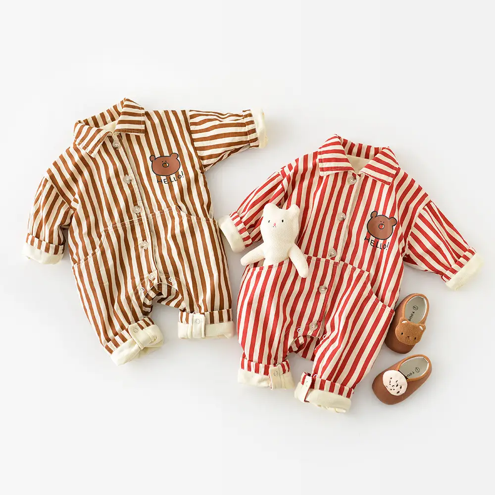Bear Striped Lapel Thickened Long Crawl Jumpsuit