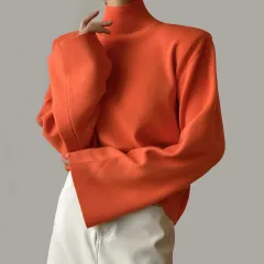 Women's Turtleneck Flared Sleeve Fashion Casual Rabbit Fleece Sweater - Embroidered Red - View 1