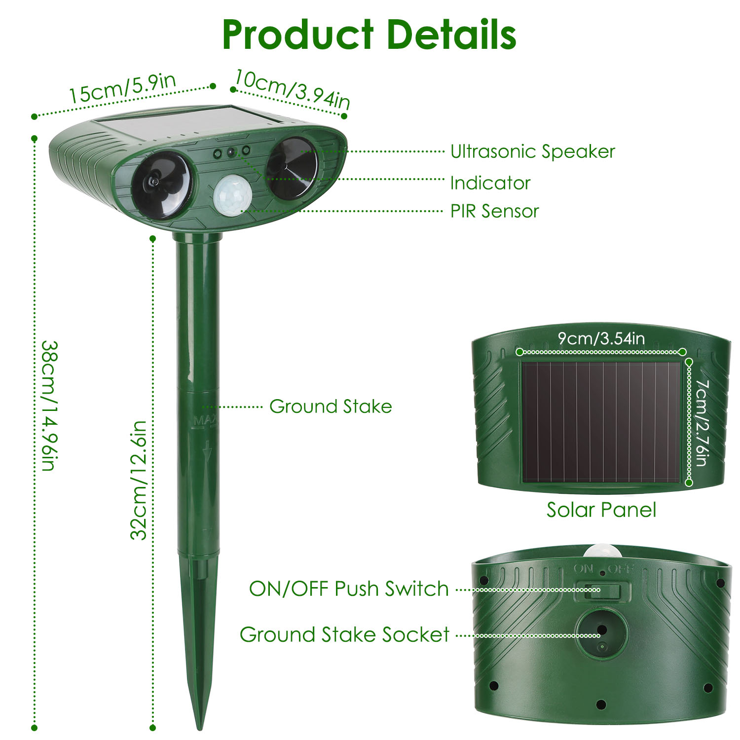 1Pc Solar Ultrasonic Animal Repeller PIR Motion Sensor Animal Repellent Chaser IPX4 Waterproof For Farm Garden Yard To Drive Raccoon Squirrel Rat Skunk Rabbit Mole Dog Cat Snake