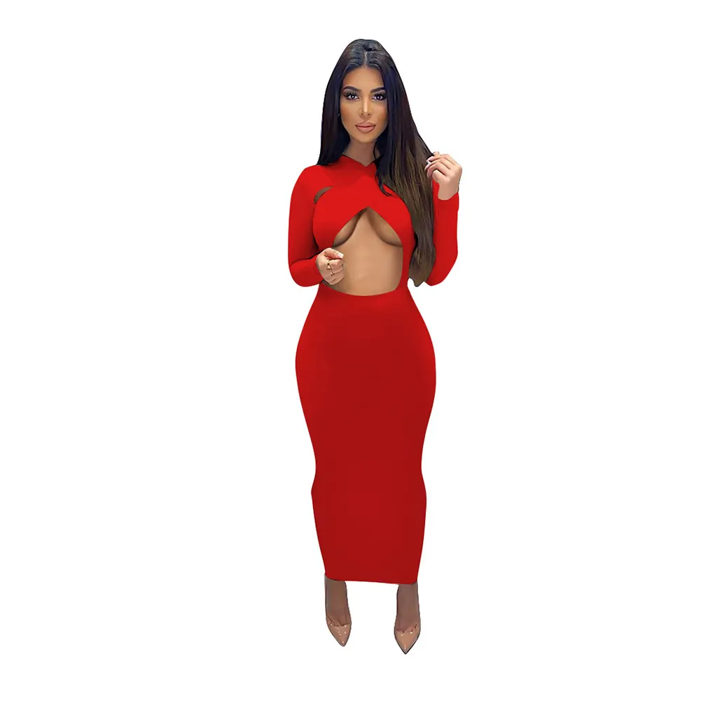 Pure Color Temperament Commuter Wrapped Chest Long Sleeve Midi Dress - Red